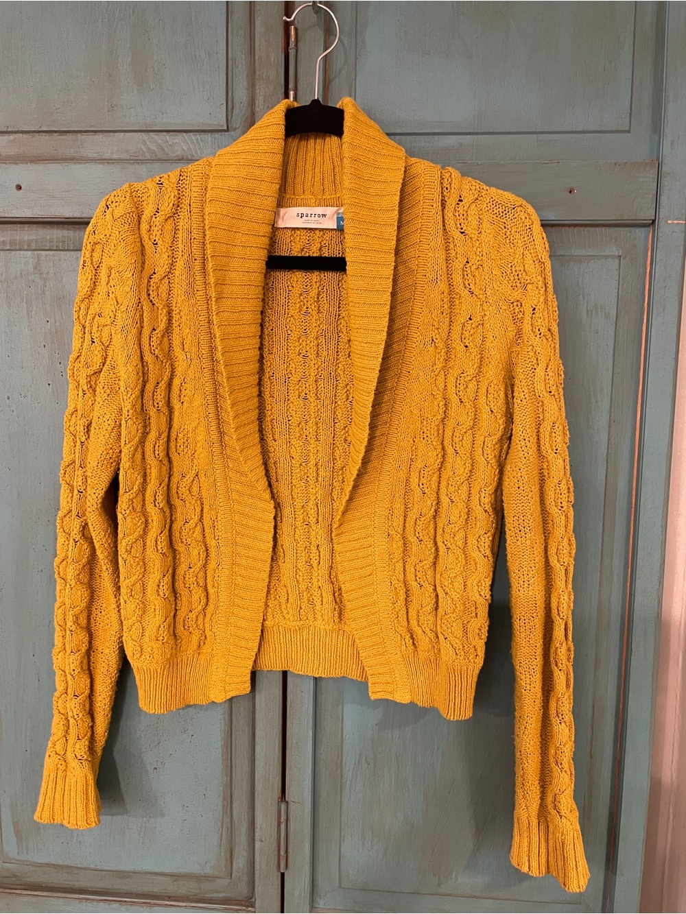 Sparrow Cable Knit Shawl Collar Cardigan in Mustard Yellow